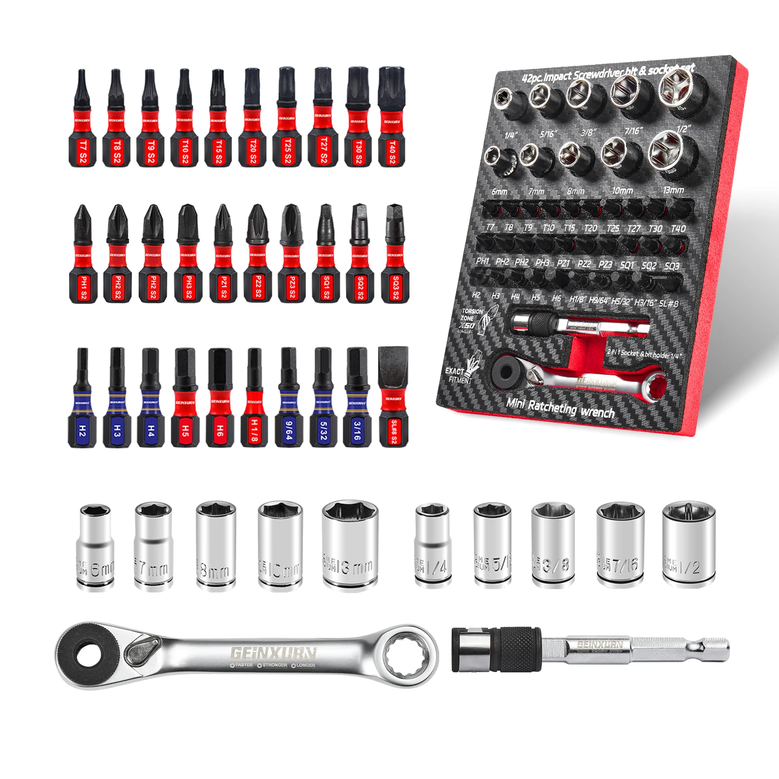GEINXURN 42PCS Metric Impact screwdriver Bits Set,S2 Steel mixed Bits, impact Socket set ,with Eva Foam Storage Tray
GEINXURN 42PCS Metric Impact screwdriver Bits Set,S2 Steel mixed Bits, impact Socket set ,with Eva Foam Storage Tray
