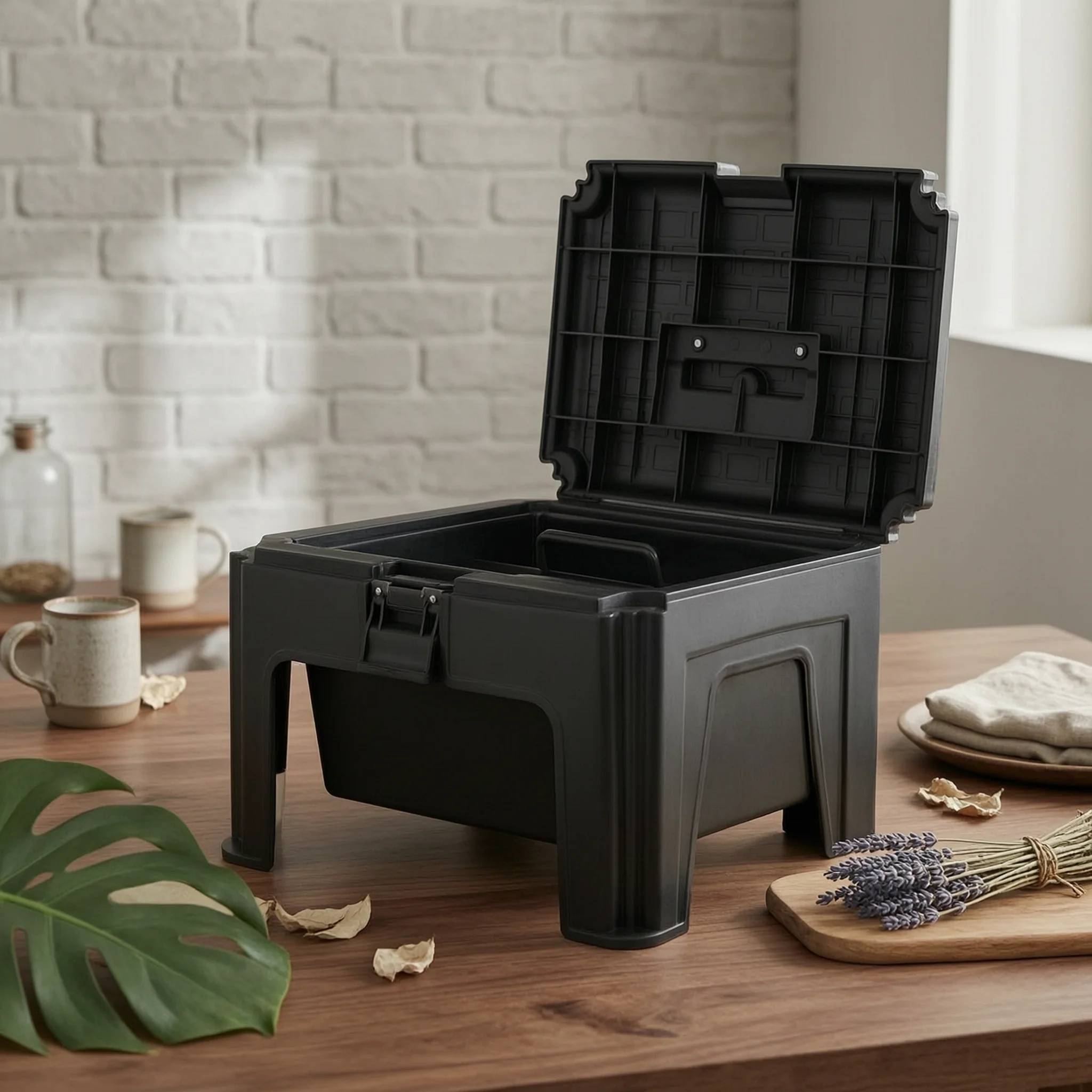 Plastic Tool Box Front Latch Divided Tool Box Plastic Toolbox Raised Legs Grid Pattern for Stable