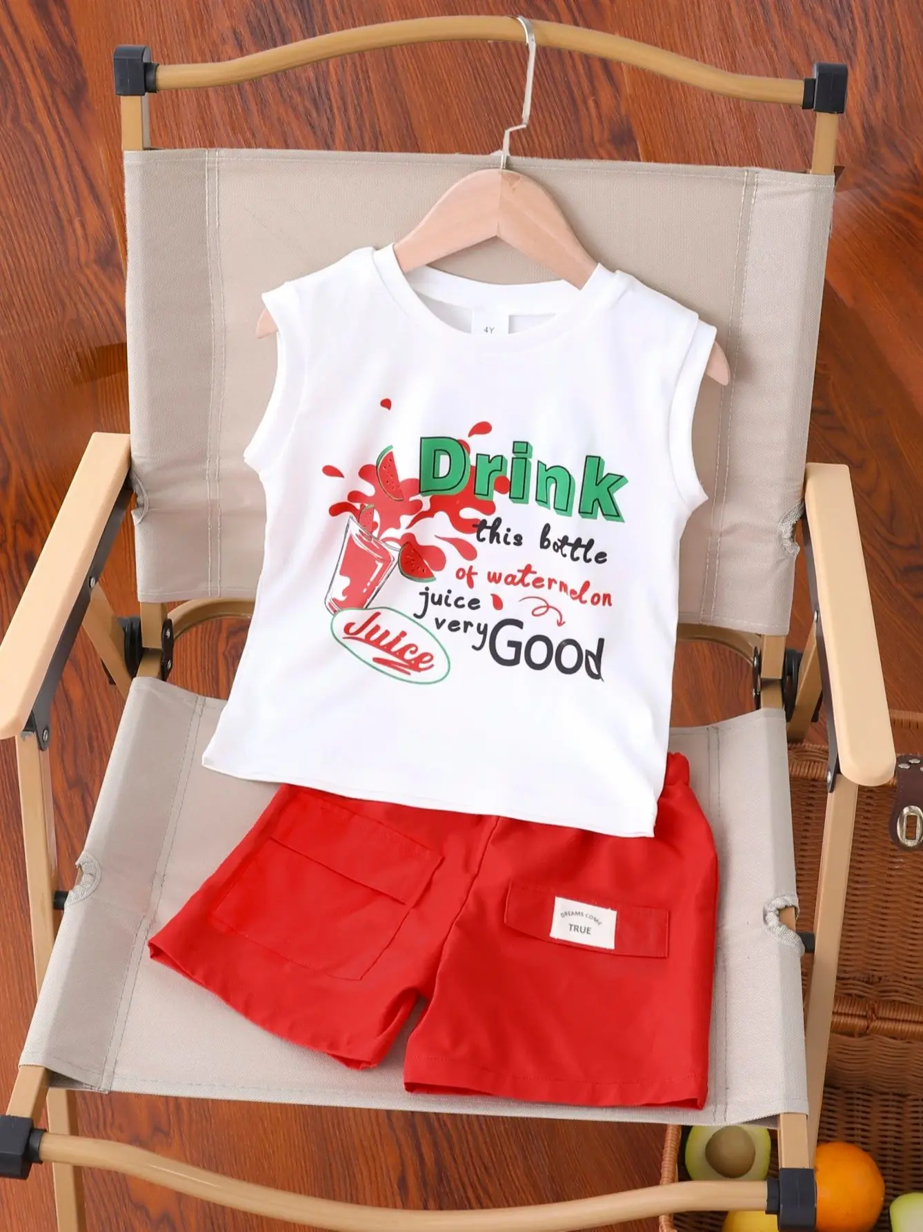 4-7 year old summer boys and girls' letter watermelon juice sleeveless and vest pocket woven label workwear shorts set
4-7 year old summer boys and girls' letter watermelon juice sleeveless and vest pocket woven label workwear shorts set