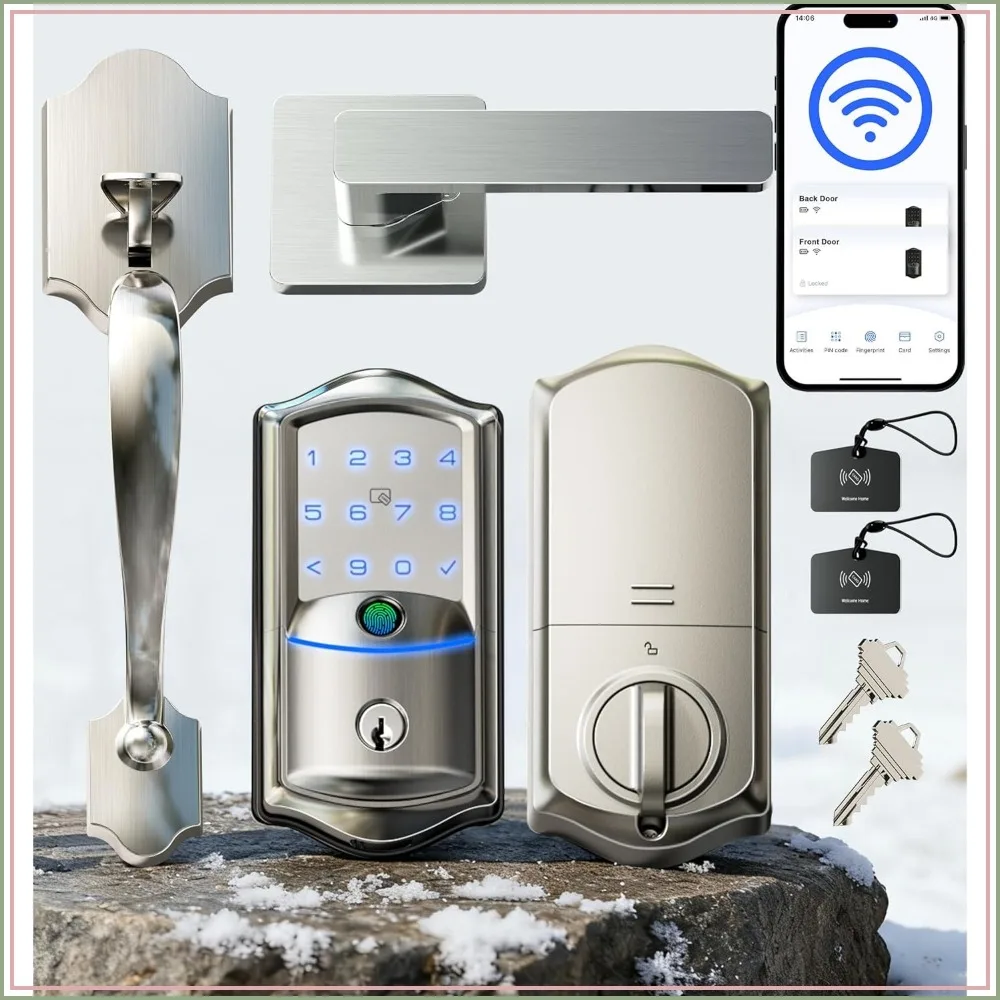 Built-in Wi-Fi Fingerprint Smart Deadbolt Lock with Handleset, App Remote & Voice Control, Keyless Entry, Touchscreen Keypad, Auto-Lock, Satin Nickel
Built-in Wi-Fi Fingerprint Smart Deadbolt Lock with Handleset, App Remote & Voice Control, Keyless Entry, Touchscreen Keypad, Auto-Lock, Satin Nickel