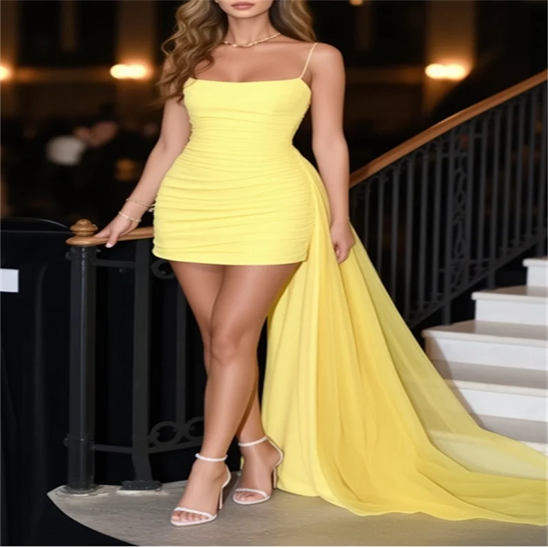 Birthday Dresses Luxury 2025 Short Evening Dresses Homecoming Dress Yellow Spaghetti Strap with Train Mini Dress Customized
Birthday Dresses Luxury 2025 Short Evening Dresses Homecoming Dress Yellow Spaghetti Strap with Train Mini Dress Customized