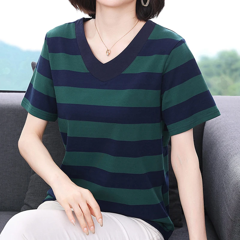 V Neck Cotton T Shirt Women Striped Tee Shirt Femme Short Sleeve Tshirts Loose Tops Female 2023 Summer Casual Clothes Camisetas
V Neck Cotton T Shirt Women Striped Tee Shirt Femme Short Sleeve Tshirts Loose Tops Female 2023 Summer Casual Clothes Camisetas