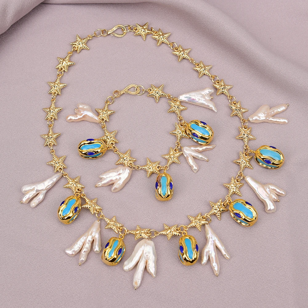 G-G Natural White Keshi Pearl Blue Turquoise CZ Crystal Paved Pendant Star Chain Necklace Bracelet Sets For Women
G-G Natural White Keshi Pearl Blue Turquoise CZ Crystal Paved Pendant Star Chain Necklace Bracelet Sets For Women
