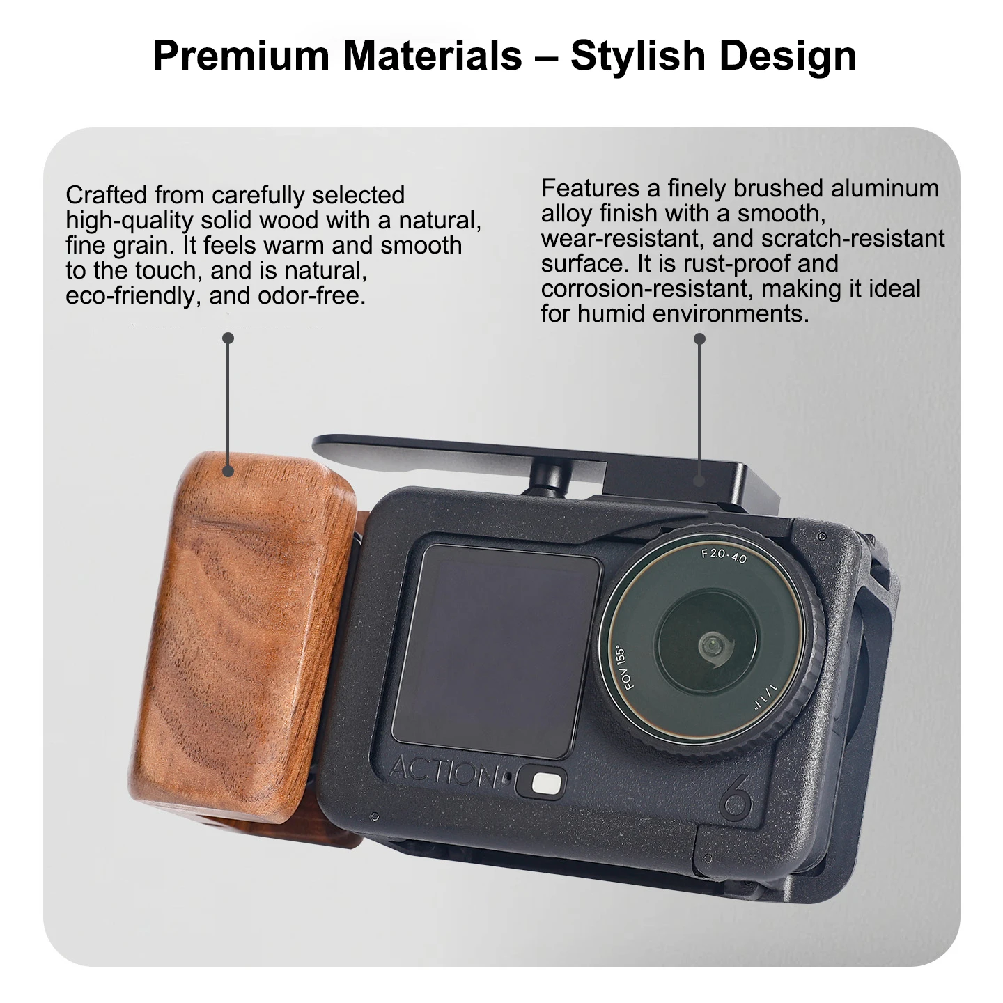 Wood Aluminum Cage Grip for DJI Action 6 Ergonomic See Saw Shutter Quick Release Base with Lanyard
Wood Aluminum Cage Grip for DJI Action 6 Ergonomic See Saw Shutter Quick Release Base with Lanyard