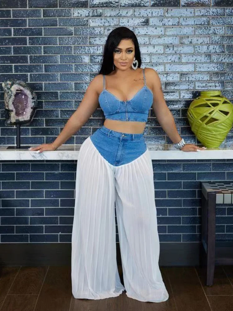 Sister Star Women Fashion Casual Halter V-neck Undershirt Pleated Denim Collocation Chiffon Pants Nightclub Party Two-piece Set
Sister Star Women Fashion Casual Halter V-neck Undershirt Pleated Denim Collocation Chiffon Pants Nightclub Party Two-piece Set