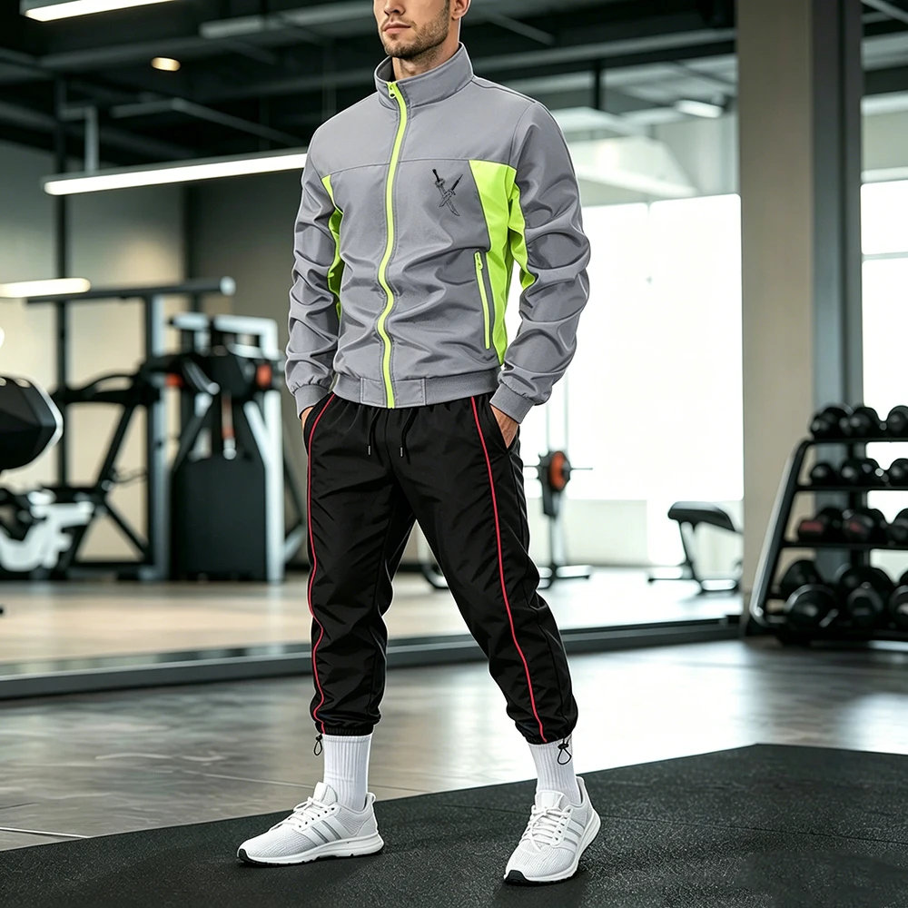 Men 2 Piece Contrast Color Tracksuit Zip Up Jacket & Drawstring Black Red Line Pants Crossed Swords Print Casual Sportswear Set
Men 2 Piece Contrast Color Tracksuit Zip Up Jacket & Drawstring Black Red Line Pants Crossed Swords Print Casual Sportswear Set