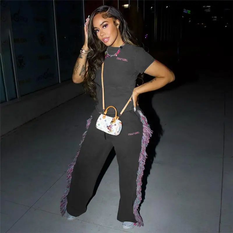 Women's Short Sleeve T-shirt Side Fringed Wide Leg Pants Winter Fashion Set Long Pants Three-piece Set Letter Pattern
Women's Short Sleeve T-shirt Side Fringed Wide Leg Pants Winter Fashion Set Long Pants Three-piece Set Letter Pattern