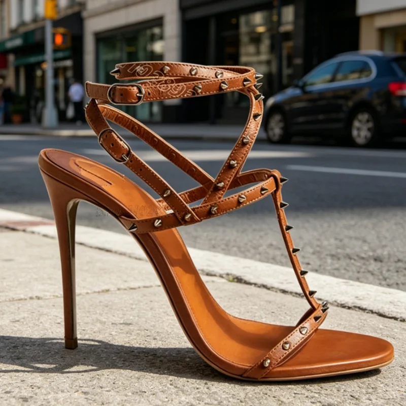Brown Rivet Decor Stiletto Sandals Open Toe Ankle Buckle British Style Party New Fashion Dress Women Shoes Zapatos Para Mujere
Brown Rivet Decor Stiletto Sandals Open Toe Ankle Buckle British Style Party New Fashion Dress Women Shoes Zapatos Para Mujere
