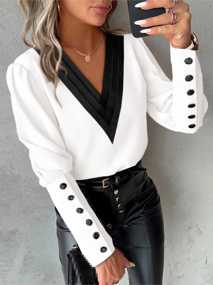 Spring Autumn Women's Shirt Fashion V-neck Solid Color Long Sleeved Button Shirt Tops Casual Commuter Elegant Woman's Blouses
Spring Autumn Women's Shirt Fashion V-neck Solid Color Long Sleeved Button Shirt Tops Casual Commuter Elegant Woman's Blouses