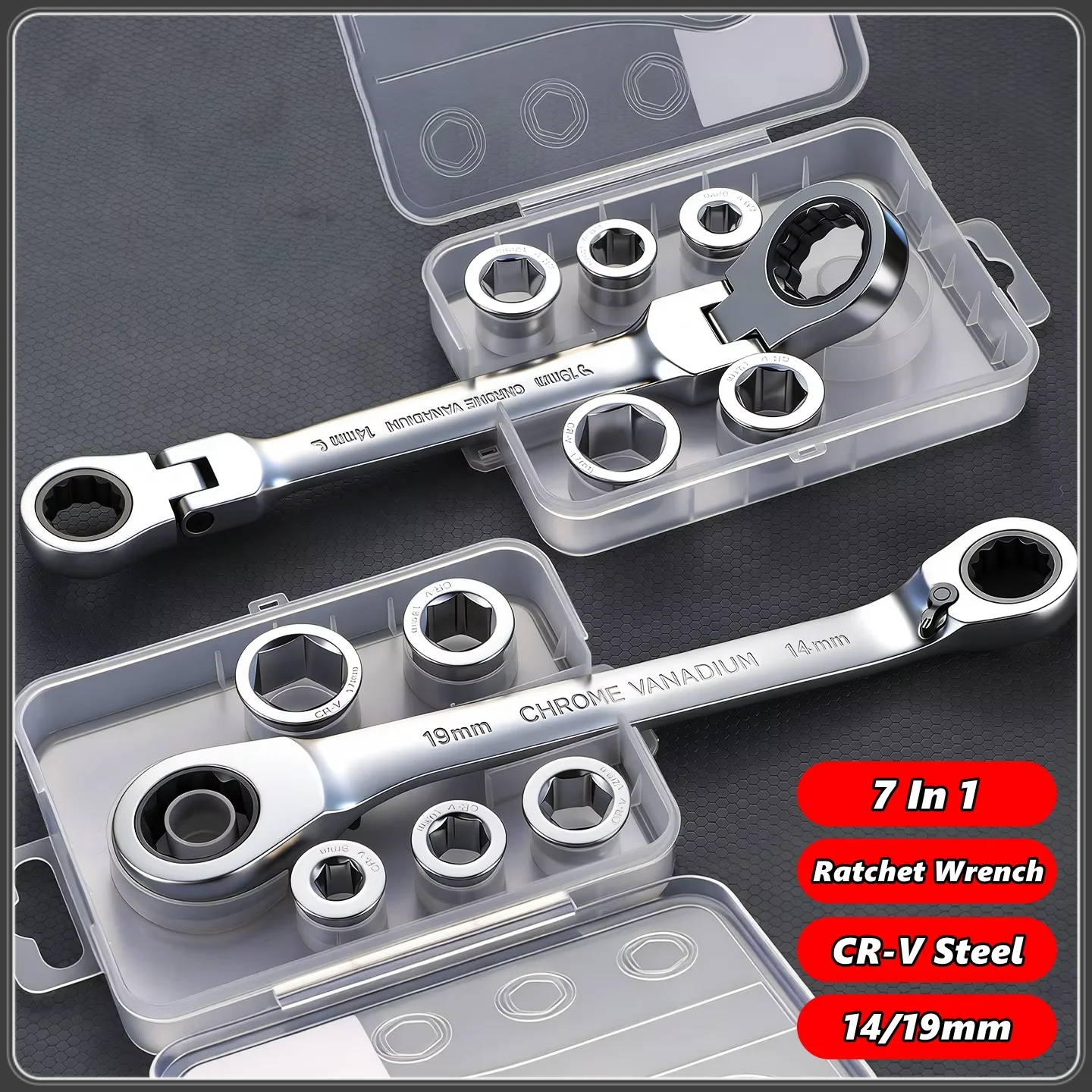 Flex-head Double Box End Ratcheting Wrench Set, 7-in-1 Metric Wrench Set, 8-17mm, 72 Tooth Gear, Cr-v Steel, With Tool Organizer
Flex-head Double Box End Ratcheting Wrench Set, 7-in-1 Metric Wrench Set, 8-17mm, 72 Tooth Gear, Cr-v Steel, With Tool Organizer