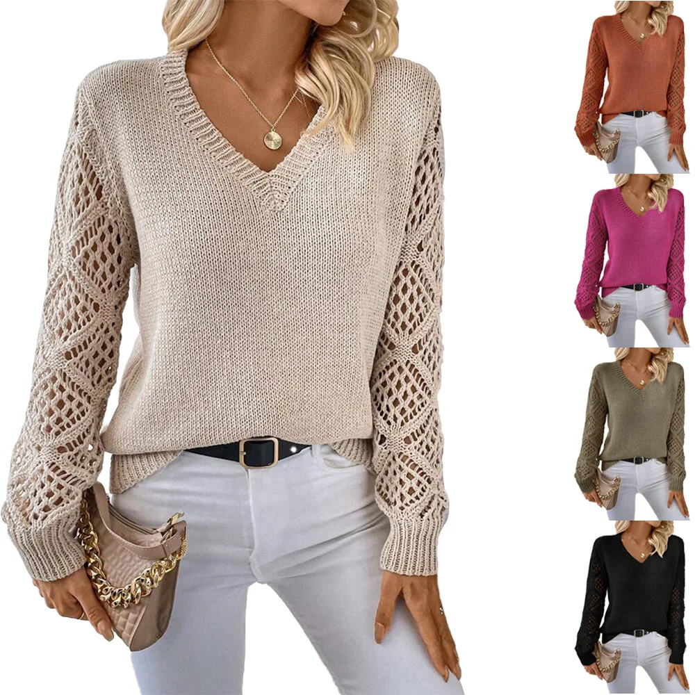 Women Autumn Spring Pullovers and Sweaters Hollow Out Knitted Long Sleeve V-neck Knitted Wear Sweater Tops
Women Autumn Spring Pullovers and Sweaters Hollow Out Knitted Long Sleeve V-neck Knitted Wear Sweater Tops