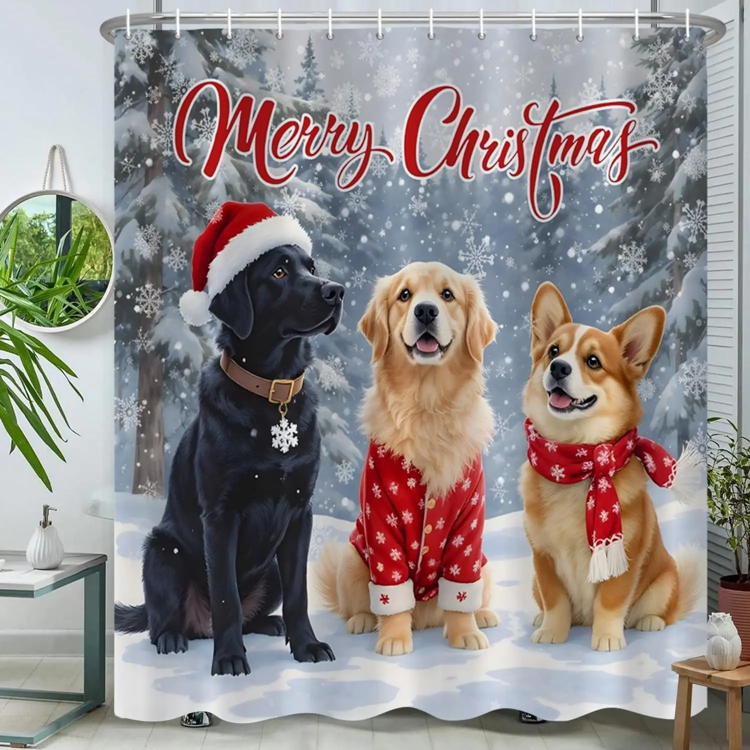 Рождественская занавеска для душа для ванной комнаты с Рождеством, наборы занавесок для душа в ванной комнате, три собаки, падающие снежинки, снежный пейзаж 
Рождественская занавеска для душа для ванной комнаты с Рождеством, наборы занавесок для душа в ванной комнате, три собаки, падающие снежинки, снежный пейзаж