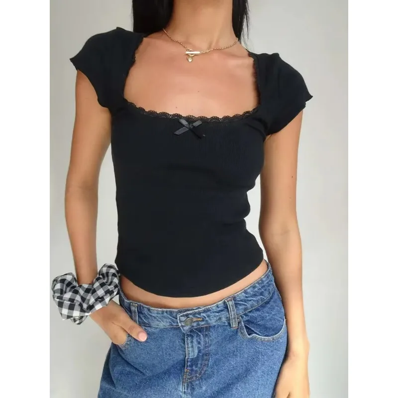 y2k Vintage Baby Tee Cottage Lace Trim Knitted T-Shirt Summer Square Neck Short Sleeve Tee Shirt Women White Milkmaid Crop Top
y2k Vintage Baby Tee Cottage Lace Trim Knitted T-Shirt Summer Square Neck Short Sleeve Tee Shirt Women White Milkmaid Crop Top