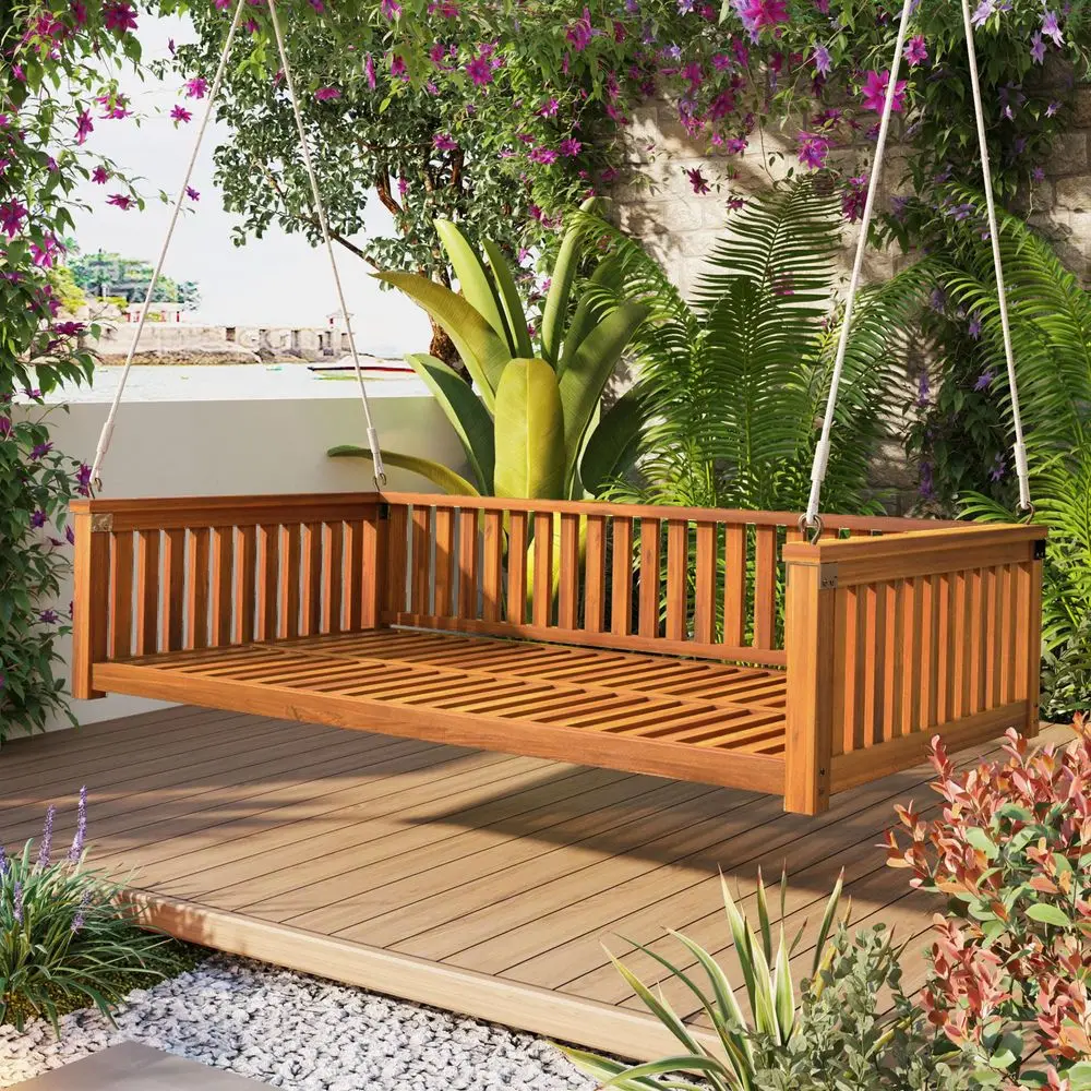 Twin Size Patio Swing Bed, Wooden Porch Swing Frame with Ropes for Garden, Backyard, Patio, Safe Sloped Design, Teak
Twin Size Patio Swing Bed, Wooden Porch Swing Frame with Ropes for Garden, Backyard, Patio, Safe Sloped Design, Teak