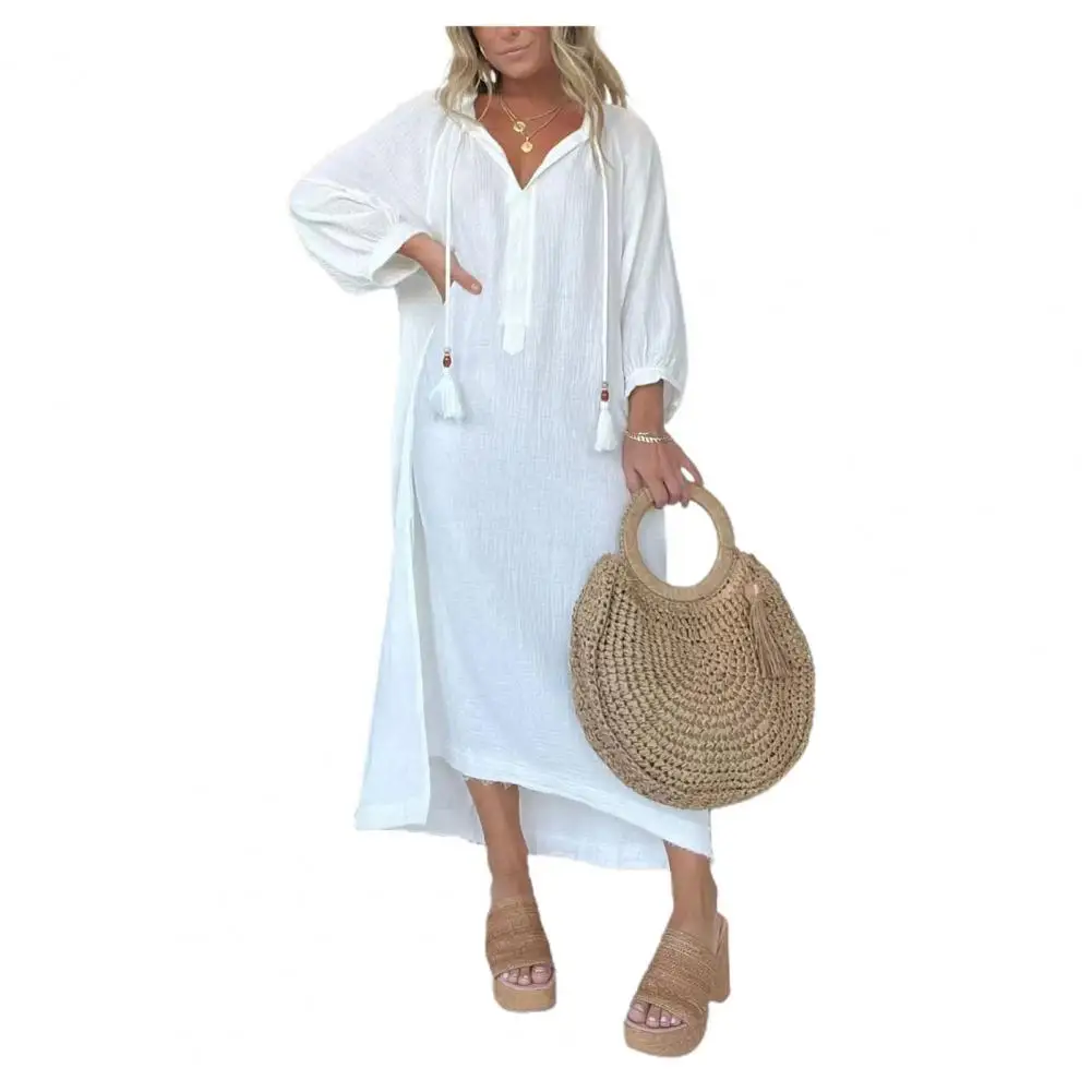 Women Loose Attire Bohemian Tassel Drawstring Midi Dress for Women Loose Fit Solid Color Long Sleeve Dress with Half-open Collar
Women Loose Attire Bohemian Tassel Drawstring Midi Dress for Women Loose Fit Solid Color Long Sleeve Dress with Half-open Collar