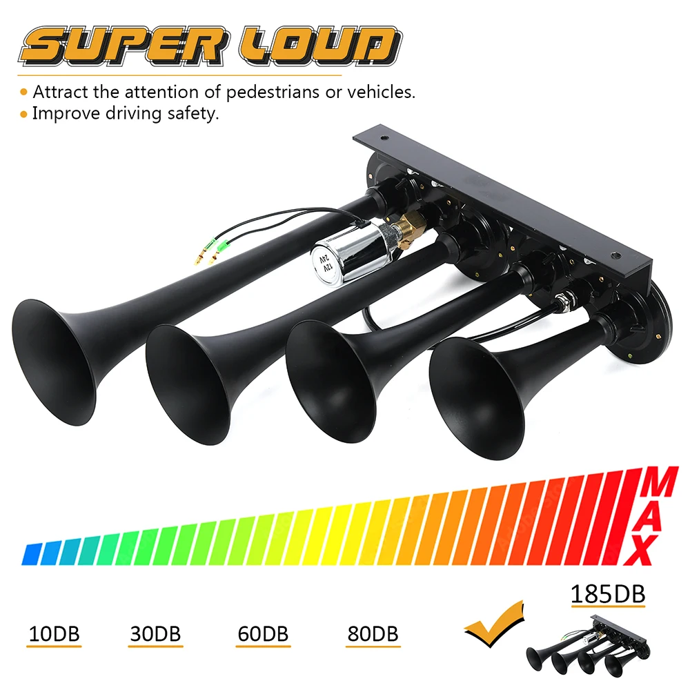 Super Loud 185dB 4 Trumpet Train Air Horn Kit Air Compressor Super Loud Electric Air Horns for most 12V/24V vehicles
Super Loud 185dB 4 Trumpet Train Air Horn Kit Air Compressor Super Loud Electric Air Horns for most 12V/24V vehicles