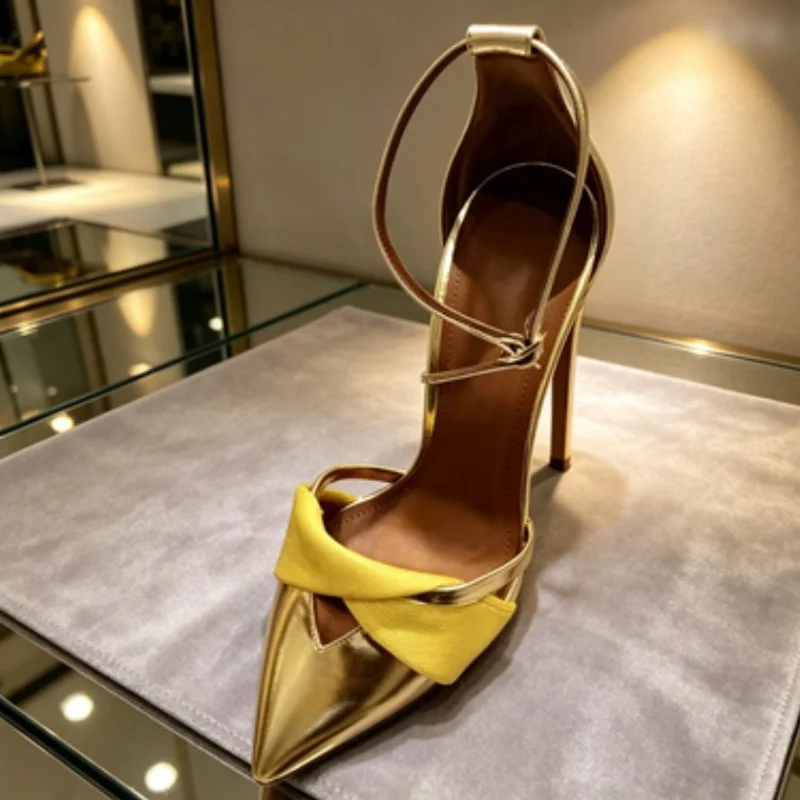 Gold Mirror Leather V Cutouts High Heel Pumps Yellow Cloth Bow Patchwork Pointed Toe Ankle Strap Celebrating Shoes
Gold Mirror Leather V Cutouts High Heel Pumps Yellow Cloth Bow Patchwork Pointed Toe Ankle Strap Celebrating Shoes