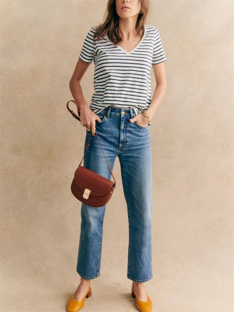 Short Sleeve Tops Ladies Slim All-Match Casual Tshirt Summer French Women's Classic Striped V-Neck T-Shirt
Short Sleeve Tops Ladies Slim All-Match Casual Tshirt Summer French Women's Classic Striped V-Neck T-Shirt