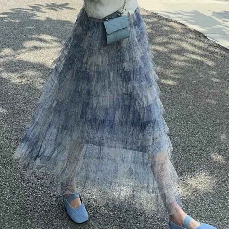Vintage Ink Wash Print Mesh Blue Skirts High Waist Cake Skirt for Women 2025 Spring New All-match Mid-length Faldas Mujer
Vintage Ink Wash Print Mesh Blue Skirts High Waist Cake Skirt for Women 2025 Spring New All-match Mid-length Faldas Mujer