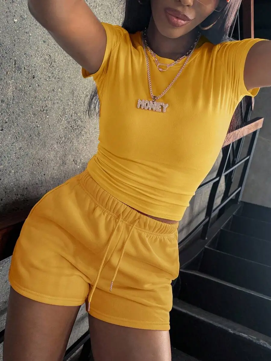 Mustard Yellow Cropped Short Sleeve Round Neck Top With Elastic Waist Drawstring Shorts Casual Summer Outfit 2PCS
Mustard Yellow Cropped Short Sleeve Round Neck Top With Elastic Waist Drawstring Shorts Casual Summer Outfit 2PCS