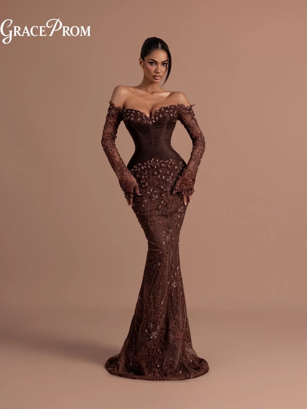 Elegant Brown Corset Mermaid Prom Dress Sultry Off Shoulder Long Sleeves Lace Beaded Party Dress For Wedding Guests فساتين سهرة
Elegant Brown Corset Mermaid Prom Dress Sultry Off Shoulder Long Sleeves Lace Beaded Party Dress For Wedding Guests فساتين سهرة