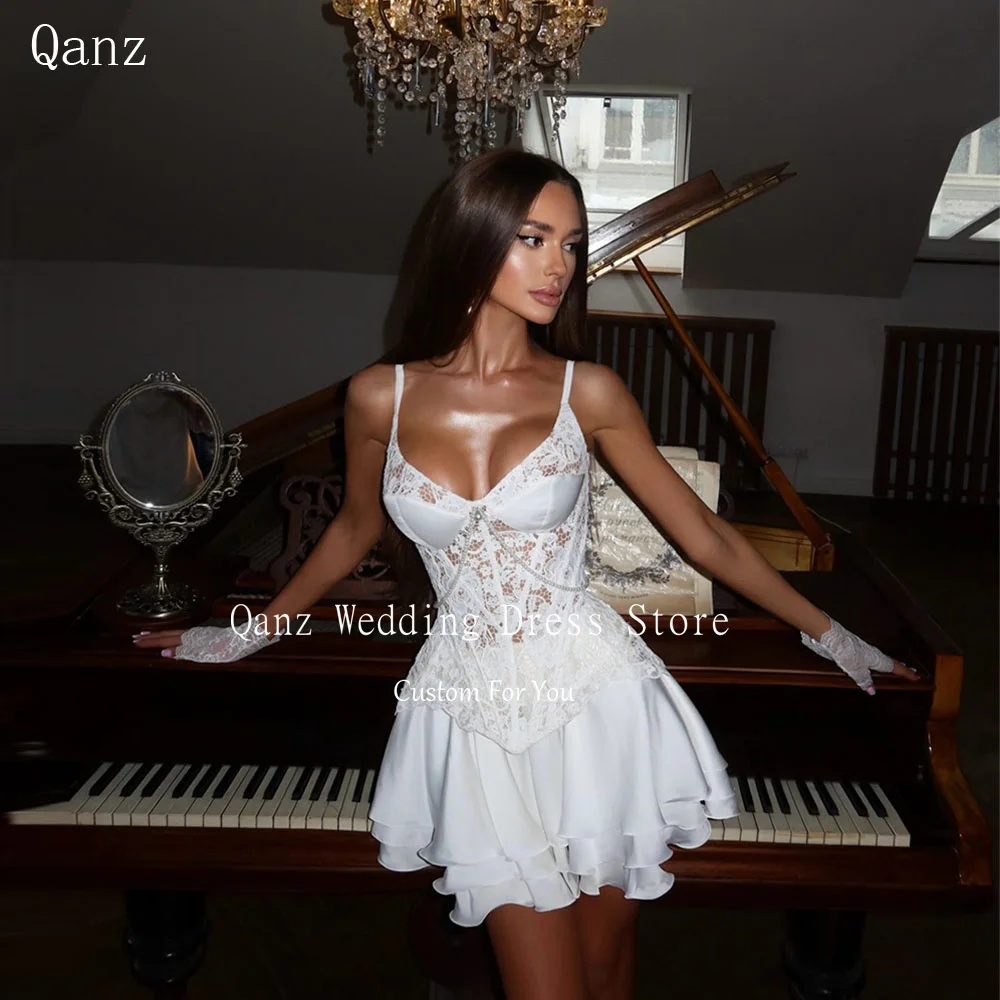 Qanz Sexy White Wedding Party Gowns Spaghetti Straps 2 Pieces Vestido De Novia Mini A Line Lace Robe De Mariée Customized
Qanz Sexy White Wedding Party Gowns Spaghetti Straps 2 Pieces Vestido De Novia Mini A Line Lace Robe De Mariée Customized