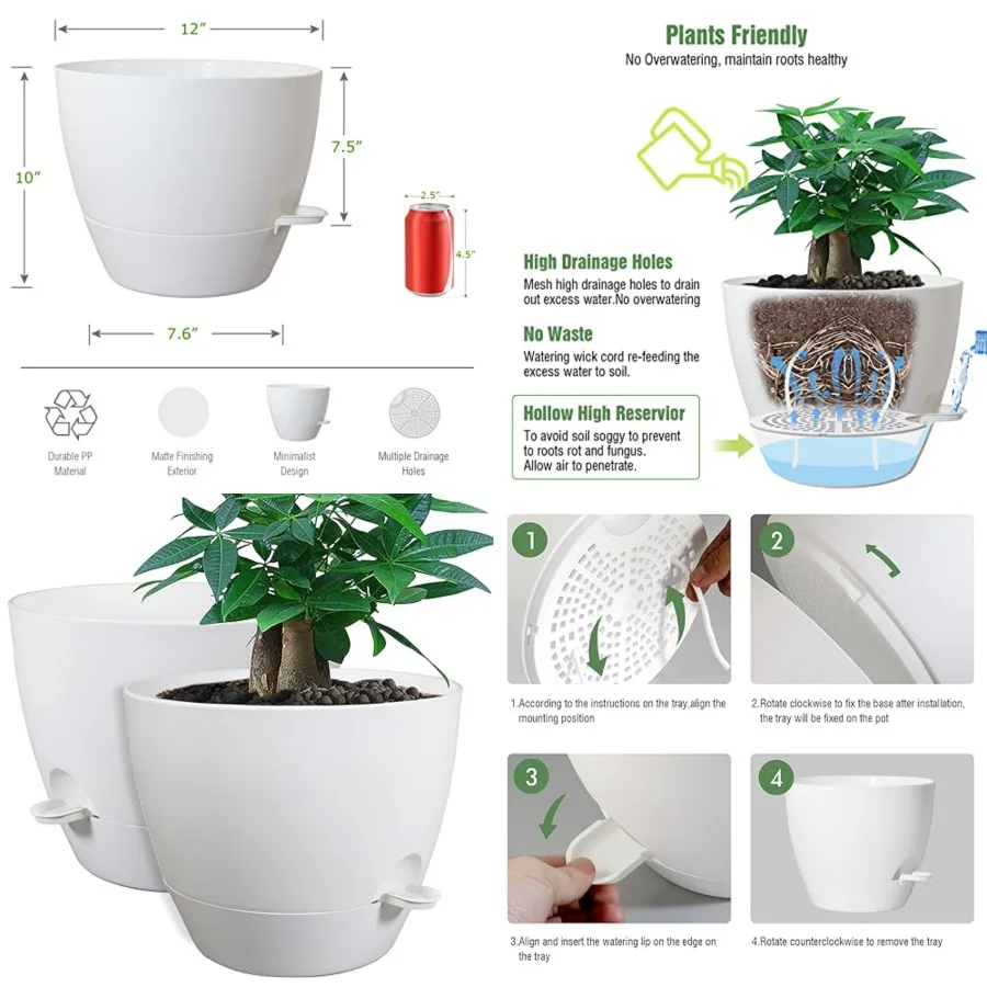 12inch 2Pack Large Self Watering Planters, Plastic Plant Pots with 60oZ Removable Deep Reservoir and Multi Mesh Drainage Holes
12inch 2Pack Large Self Watering Planters, Plastic Plant Pots with 60oZ Removable Deep Reservoir and Multi Mesh Drainage Holes