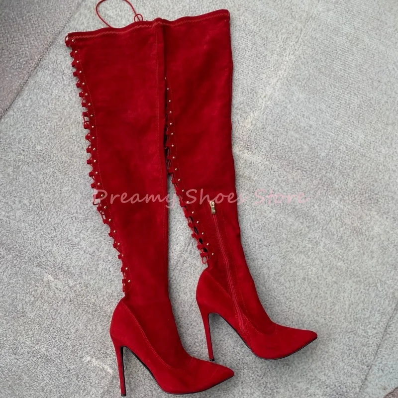 Red Suede Lace Up Hollow Pointed Stiletto Long Boots Women Cross Strap Side Zipper Knee High Boots Sexy Luxury Party Lady Shoes
Red Suede Lace Up Hollow Pointed Stiletto Long Boots Women Cross Strap Side Zipper Knee High Boots Sexy Luxury Party Lady Shoes