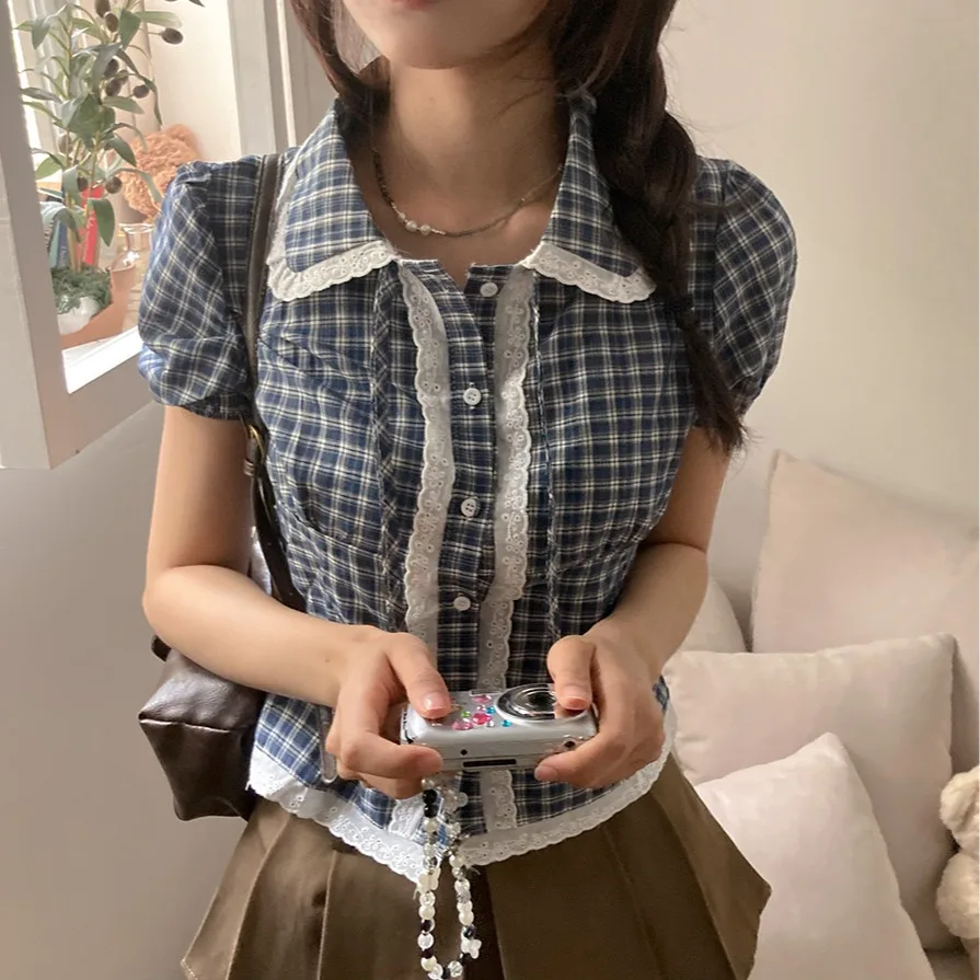 Summer New Korean Style Plaid Short Sleeve Shirt Women's Cute Lace Design Belted Shirt Casual Daily Wear Polyester Fiber
Summer New Korean Style Plaid Short Sleeve Shirt Women's Cute Lace Design Belted Shirt Casual Daily Wear Polyester Fiber