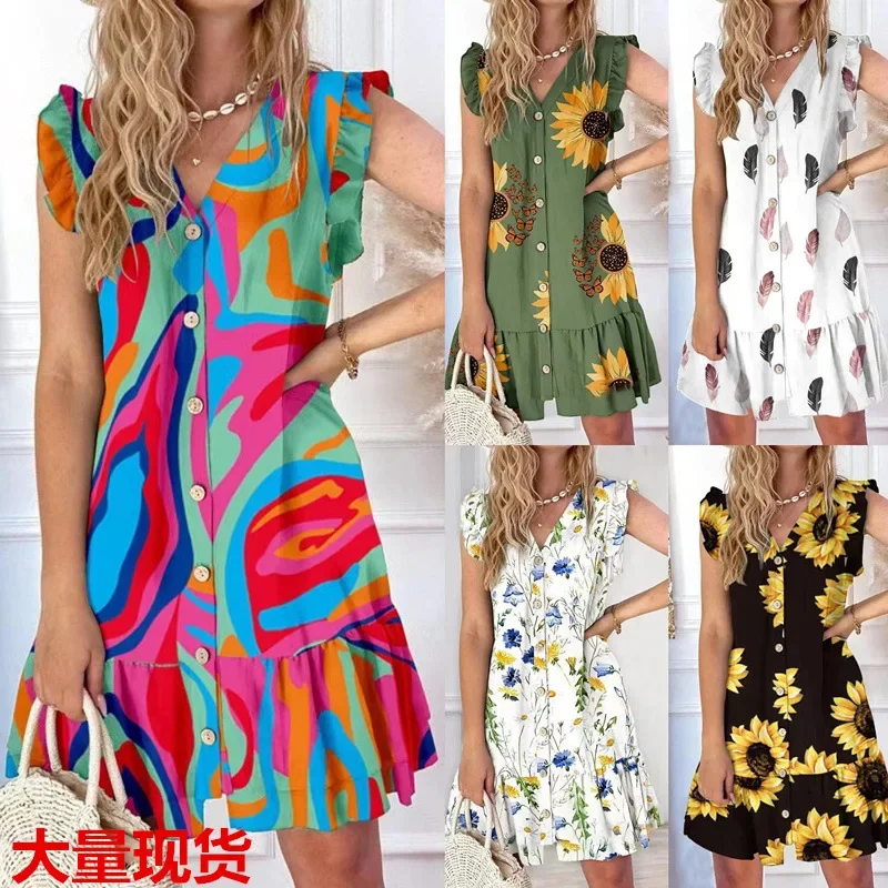 2025 Summer V-neck Flying Sleeve Dress Women's Loose Printing Casual Sleeveless Buttons Skirts Beach Style Vintage Floral Dress
2025 Summer V-neck Flying Sleeve Dress Women's Loose Printing Casual Sleeveless Buttons Skirts Beach Style Vintage Floral Dress