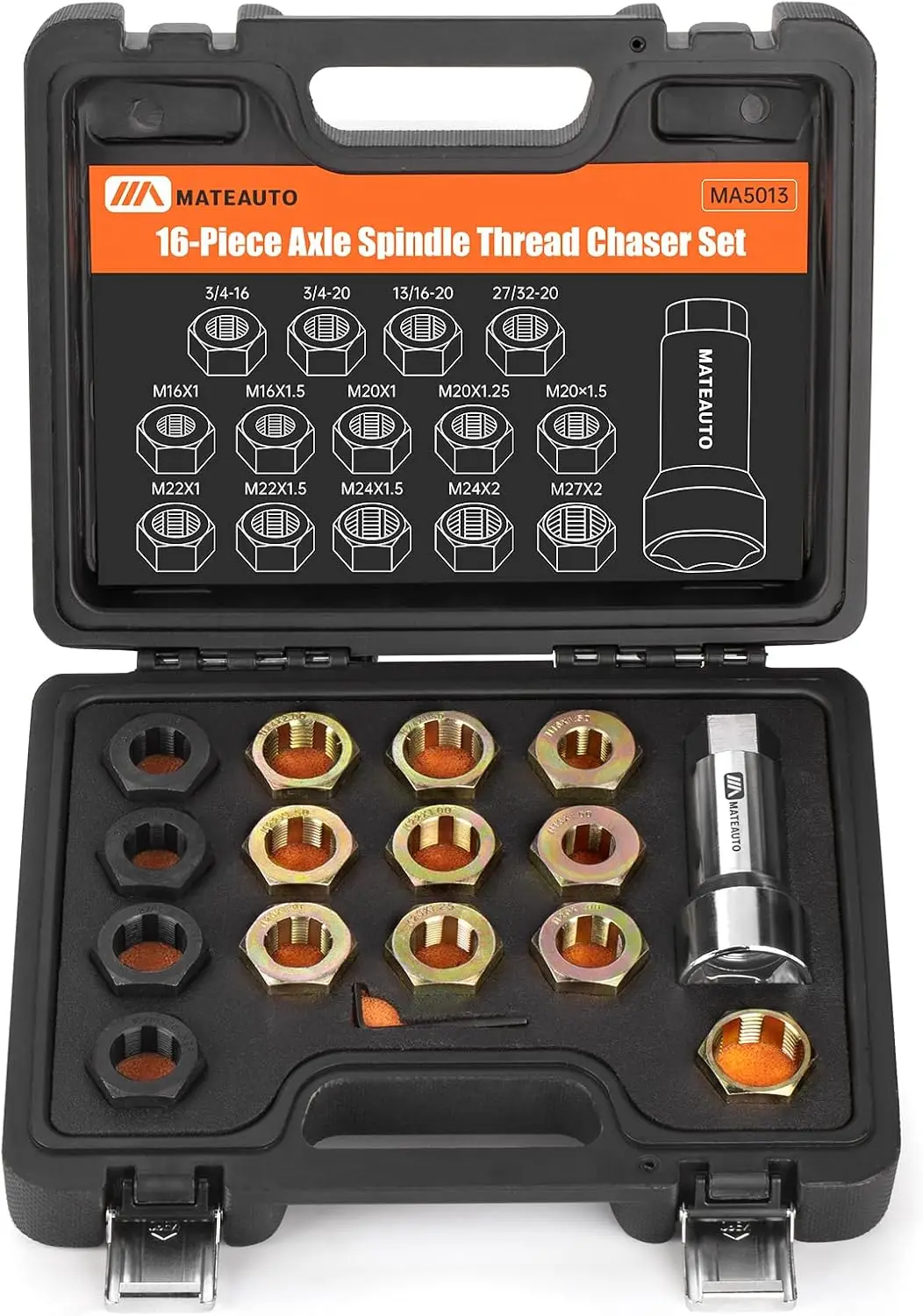 16-Piece Axle Spindle Thread Repair Kit with Thread File & Chaser Set for Mechanics
16-Piece Axle Spindle Thread Repair Kit with Thread File & Chaser Set for Mechanics
