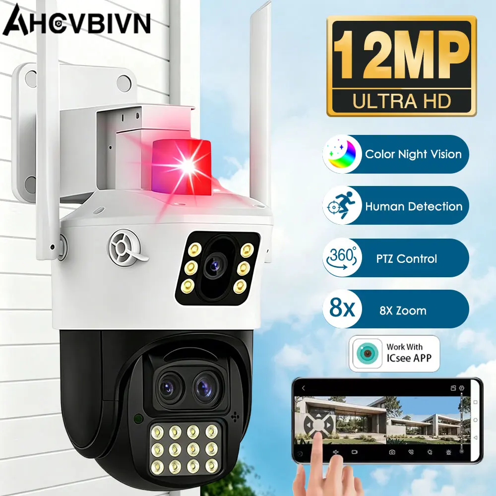 12MP Three Lens Dual Screen IP Camera WiFi External Dual Lens Auto Track Security PTZ HD Camera iCsee Video Surveillance