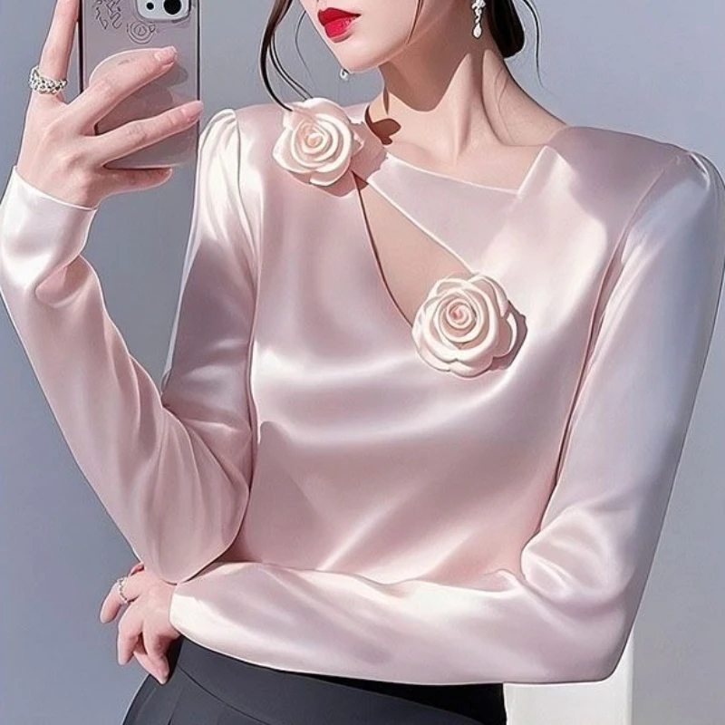 French Women Spring Fall Romantic Appliques Flower Blue Beige White Imitation Silk Top T Shirt , Slim Tops Shirts for Woman
French Women Spring Fall Romantic Appliques Flower Blue Beige White Imitation Silk Top T Shirt , Slim Tops Shirts for Woman
