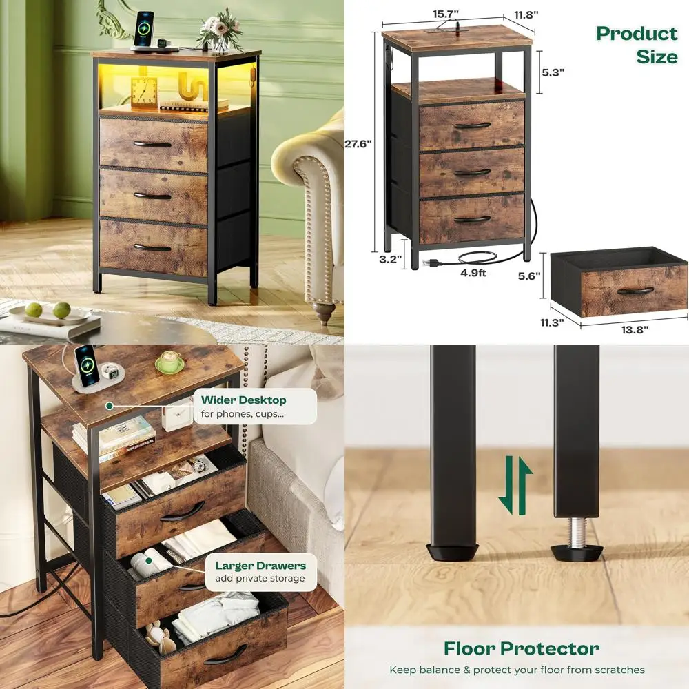 Night Stand with Charger Station and LED Lights, 3 Drawer Nightstand, Bed Side Table with Open Shelf, End Table, Tall Fabric Dre
Night Stand with Charger Station and LED Lights, 3 Drawer Nightstand, Bed Side Table with Open Shelf, End Table, Tall Fabric Dre