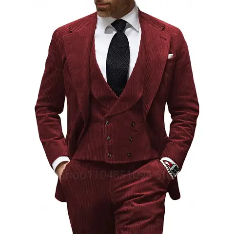 Burgundy Corduroy Men's Suit Formal Business Workwear Groom Wedding Tuxedo Slim Fit Blazer 3-piece Set Elegant Suit Men XS-6XL
