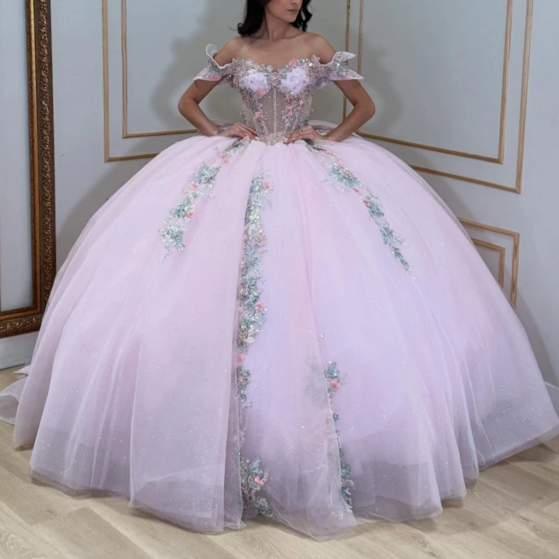 Pink Quinceanera Dresses Off Shoulder Ball Gown Sweet 16 Dress Applique Lace Bow Beads Tull Birthday Party Vestidos 15 De Anos
Pink Quinceanera Dresses Off Shoulder Ball Gown Sweet 16 Dress Applique Lace Bow Beads Tull Birthday Party Vestidos 15 De Anos