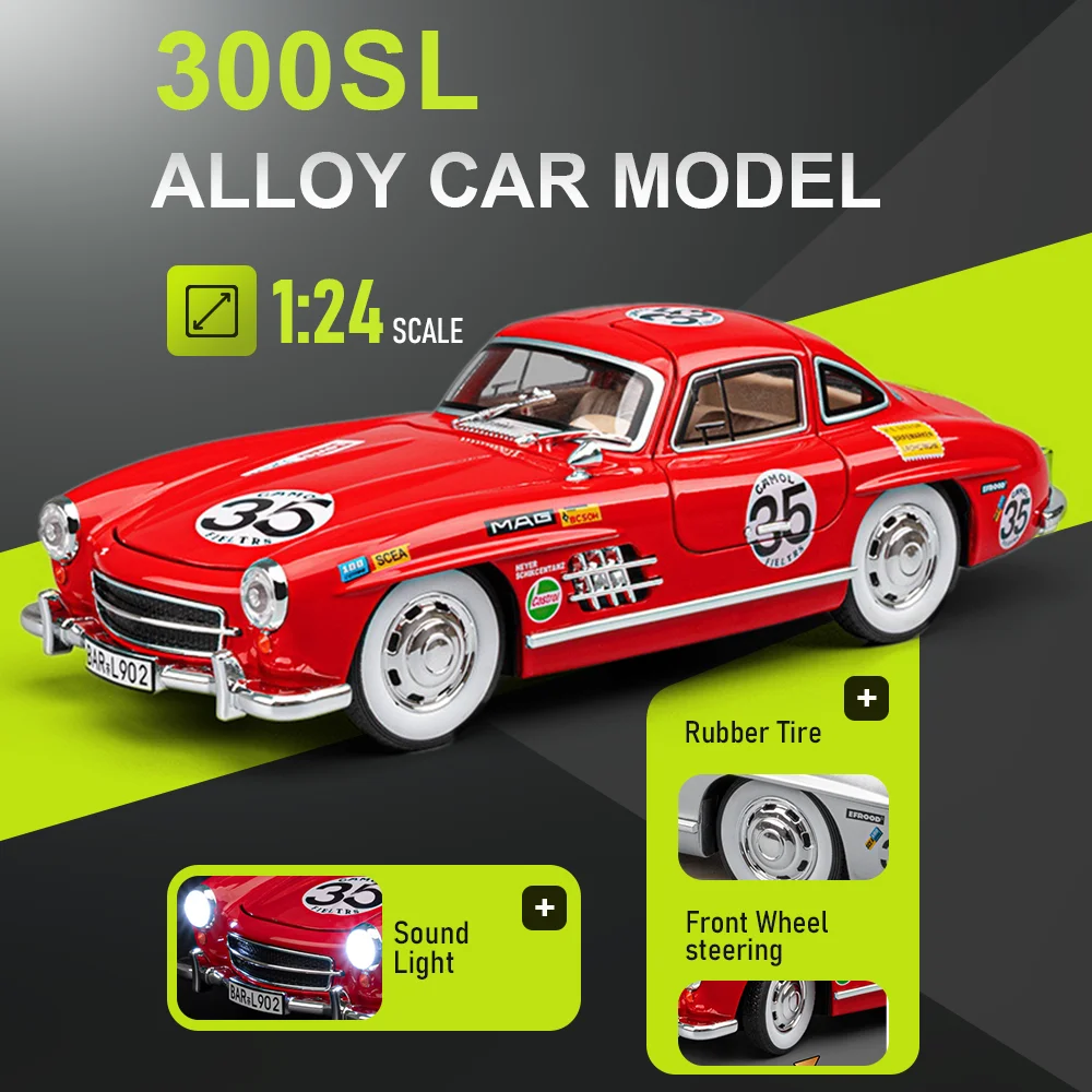 1:24 300SL Vintage Car Model Diecast Alloy Miniature Toy Shock Absorption with Sound and Light Vehices Boy Growth Companion Gift
1:24 300SL Vintage Car Model Diecast Alloy Miniature Toy Shock Absorption with Sound and Light Vehices Boy Growth Companion Gift