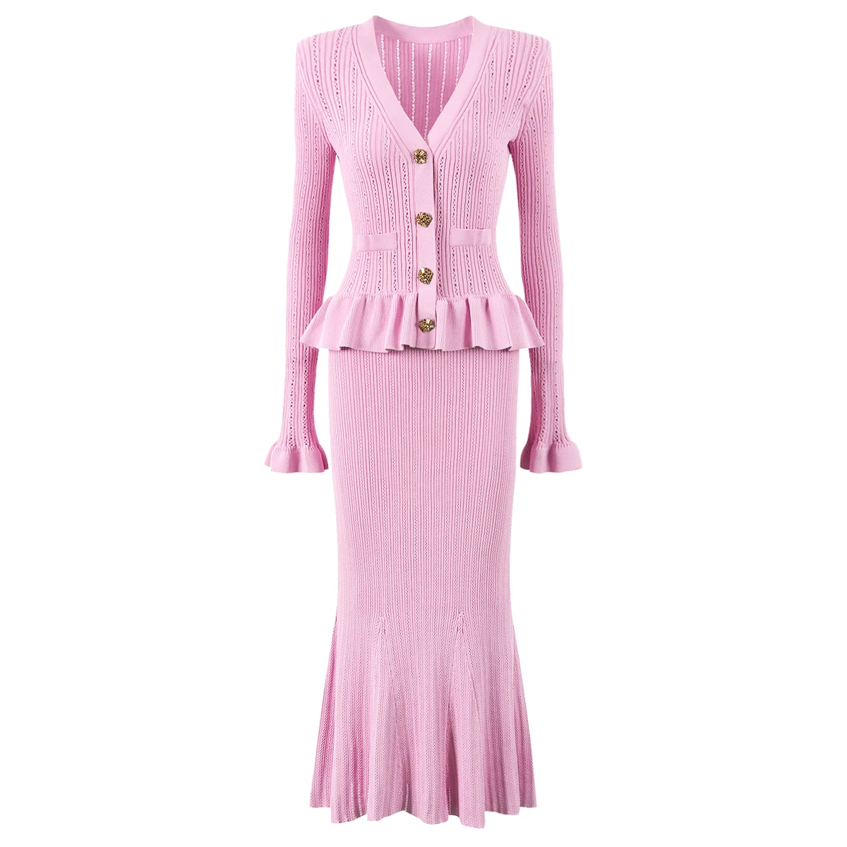 High Quality Fashionable Solid Color Knitted Hollow V-neck Diamond Button Lotus Leaf Long Sleeved Fish Tail Slim Fit Women Dress
High Quality Fashionable Solid Color Knitted Hollow V-neck Diamond Button Lotus Leaf Long Sleeved Fish Tail Slim Fit Women Dress