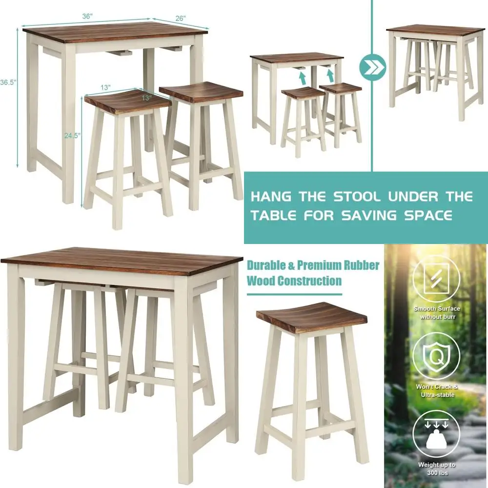 Counter Height Pub Table Set with 2 Stools, Brown & White, Ideal for Small Spaces
Counter Height Pub Table Set with 2 Stools, Brown & White, Ideal for Small Spaces