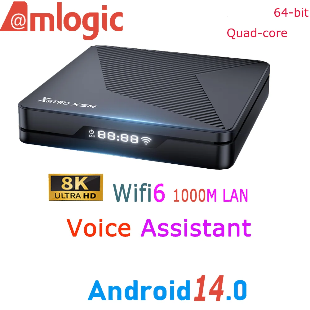 Amlogic S905 X5M Android 14.0 Quad Core 8K Video Decoding BT Voice Assistant AI SR 1000M LAN Wifi6 BT5.0 Smart TV Box X88 PRO
Amlogic S905 X5M Android 14.0 Quad Core 8K Video Decoding BT Voice Assistant AI SR 1000M LAN Wifi6 BT5.0 Smart TV Box X88 PRO