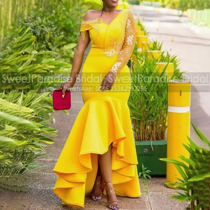 High Low Mermaid Evening Dress Customized Sheer Single Long Sleeves Floral Appliques Trumpet Gold Yellow Prom Dresses
High Low Mermaid Evening Dress Customized Sheer Single Long Sleeves Floral Appliques Trumpet Gold Yellow Prom Dresses