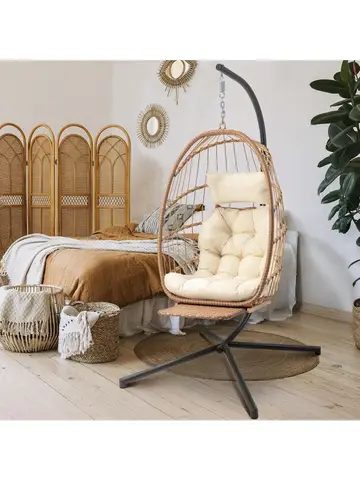 Hanging Egg Chair with Stand and Footrest, Wicker Egg Swing Chair Indoor Outdoor Aluminum-Steel Frame and UV Resistant Cushion