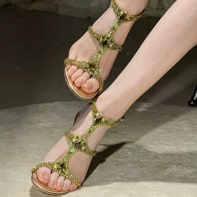 Olive Green Crystal T-Strap Stiletto Sandals Metallic Gold Thin Heel Ankle Buckle Rhinestone Embellished Open Toe Evening Shoes
Olive Green Crystal T-Strap Stiletto Sandals Metallic Gold Thin Heel Ankle Buckle Rhinestone Embellished Open Toe Evening Shoes
