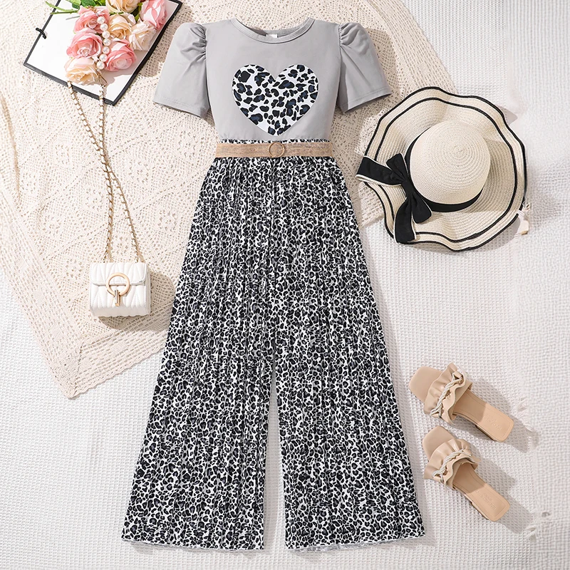 Children Clothing Summer Tow Pieces Set For Girls 8-12 Years O-Neck Short Sleeve Heart Spot Wide Leg Pants Daily Casual Outfit
Children Clothing Summer Tow Pieces Set For Girls 8-12 Years O-Neck Short Sleeve Heart Spot Wide Leg Pants Daily Casual Outfit