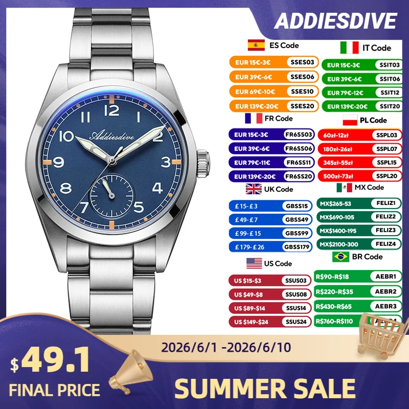 ADDIESDIVE Vintage Quartz Watch VH60 Movement 316L Steel BGW9 C3 Super Luminous 24H Sub-dial 100M Water Resistant Design AD2099
ADDIESDIVE Vintage Quartz Watch VH60 Movement 316L Steel BGW9 C3 Super Luminous 24H Sub-dial 100M Water Resistant Design AD2099
