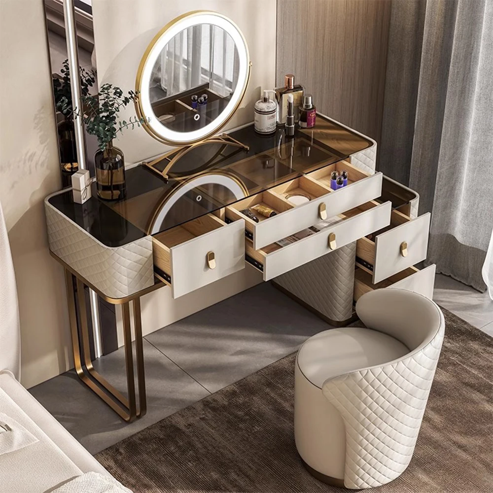 Nordic Unique Vanity Table Modern Top Glass Mirror Lights Dressing Table Bedroom Drawers Consolle Trucco Con Specchio Furnitures
Nordic Unique Vanity Table Modern Top Glass Mirror Lights Dressing Table Bedroom Drawers Consolle Trucco Con Specchio Furnitures