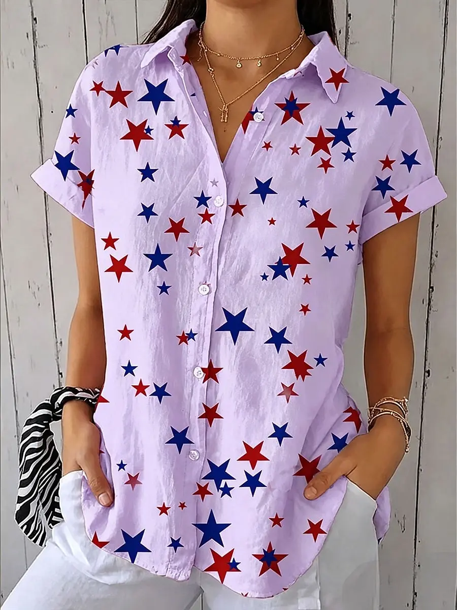 Women's Red & Blue Star Print Button-Up Shirt, Casual Loose Blouse for Spring Summer Daily Wear
Women's Red & Blue Star Print Button-Up Shirt, Casual Loose Blouse for Spring Summer Daily Wear