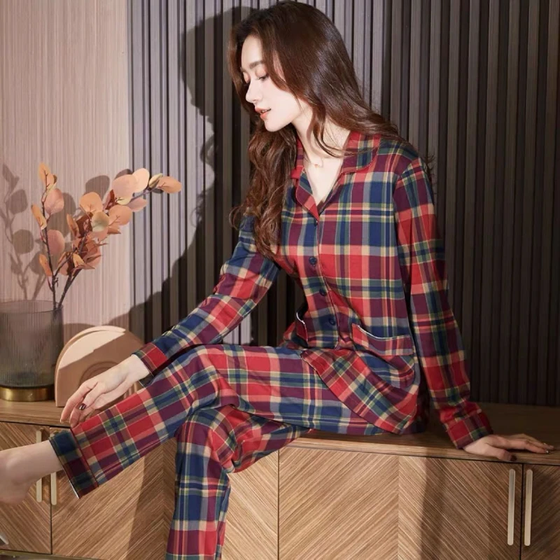 Pyjamas Women Cotton Autumn Korean Version Long Sleeve Plaid Cardigan Large Size Can Wear Cotton Spring/ Autumn Home Suit Sets
Pyjamas Women Cotton Autumn Korean Version Long Sleeve Plaid Cardigan Large Size Can Wear Cotton Spring/ Autumn Home Suit Sets
