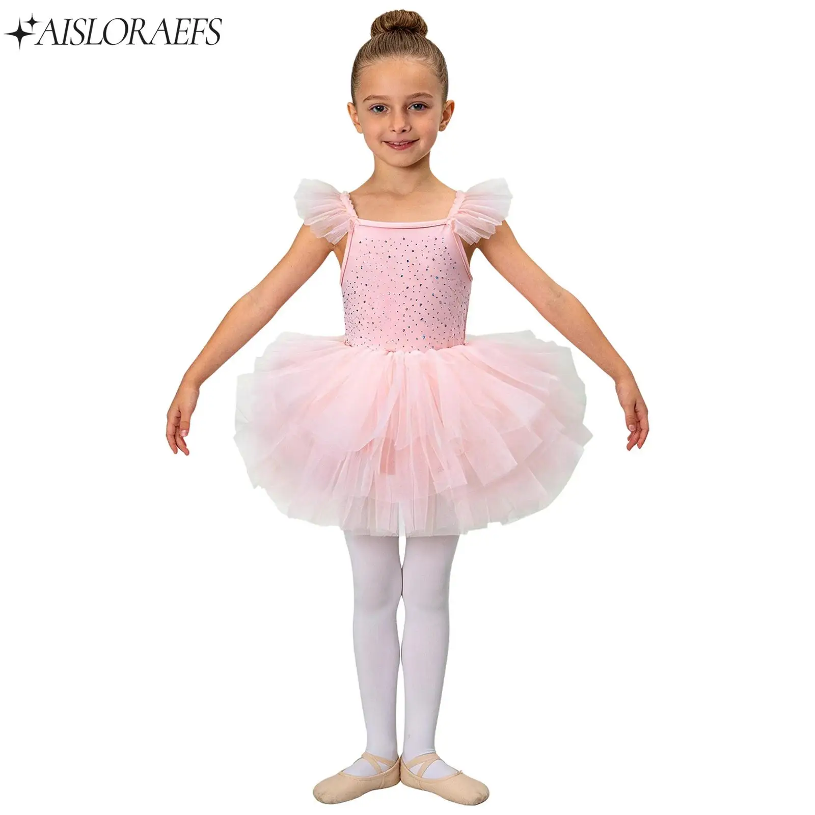 Kids Girls Ballerina Gymnastics Dance Costume Shiny Rhinestones Bodice Tulle Dance Ruffled Sleeves Dress for Stage Performance
Kids Girls Ballerina Gymnastics Dance Costume Shiny Rhinestones Bodice Tulle Dance Ruffled Sleeves Dress for Stage Performance