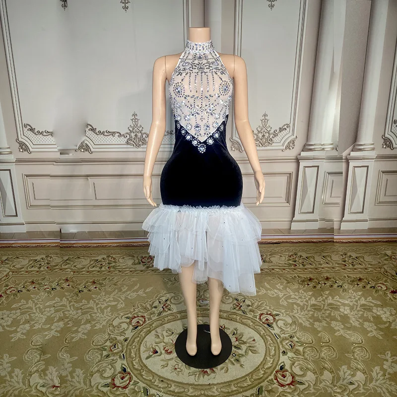 Rhinestone Neck Velvet Mesh Tight Dress Bar Performance Birthday Party Dress Stage Performance Dresses Body Transparente Flecos
Rhinestone Neck Velvet Mesh Tight Dress Bar Performance Birthday Party Dress Stage Performance Dresses Body Transparente Flecos